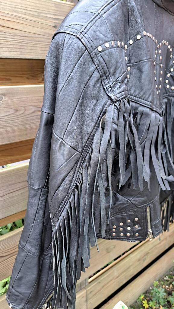 Stoer dames leren jasje met franjes en studs, Maat 38/40 (M), Zwart, Ophalen of Verzenden, Onbekend