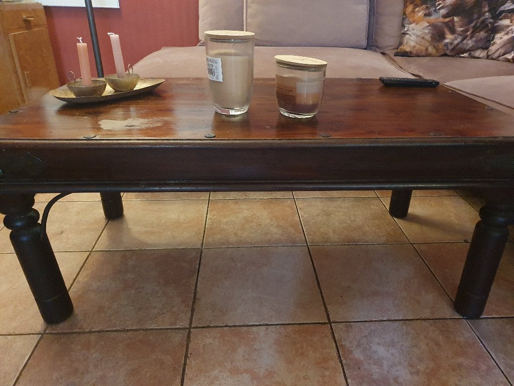 Landelijke salontafel donker hout met smeedijzeren details, Ophalen, Gebruikt, 100 tot 150 cm, 50 tot 100 cm