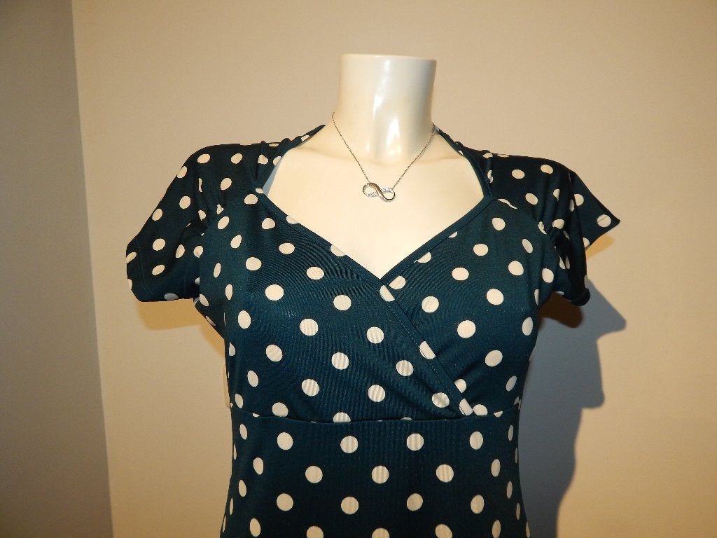 King Louie stretch jurk polkadot print dennen groen wit M, Maat 38/40 (M), Ophalen of Verzenden, Zo goed als nieuw, Knielengte
