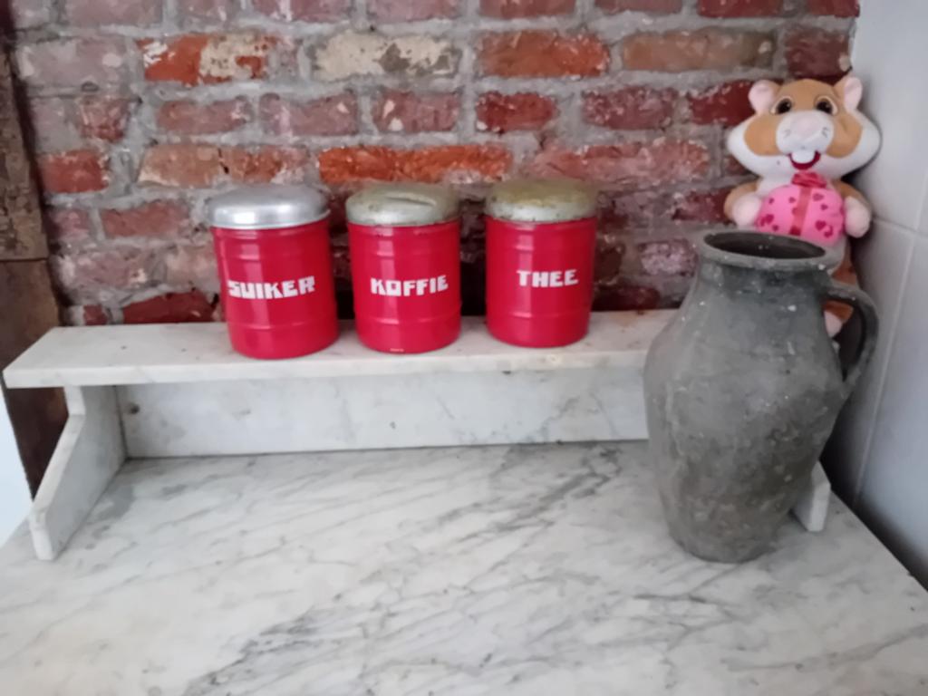 Vintage rode emaille voorraadblikken (koffie, thee, suiker), Antiek en Kunst, Antiek | Emaille, Ophalen of Verzenden