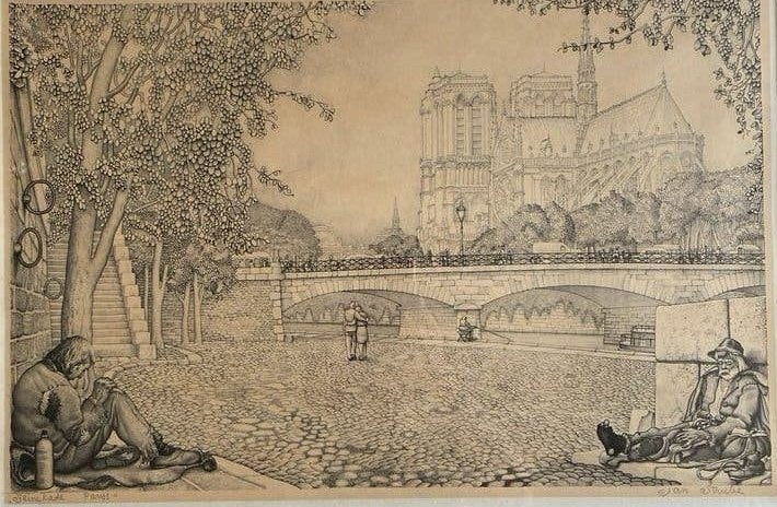 Jan Strube - Seinekade Parijs (Gesigneerd), Ophalen, Tekening, Pentekening, Achter glas