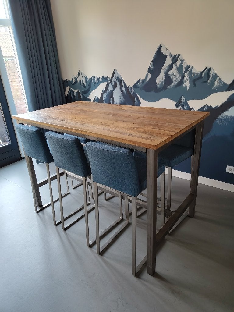 Bartafel teak 160x90 met 6 blauwe barkrukken, Ophalen, Gebruikt, Teakhout, 50 tot 100 cm