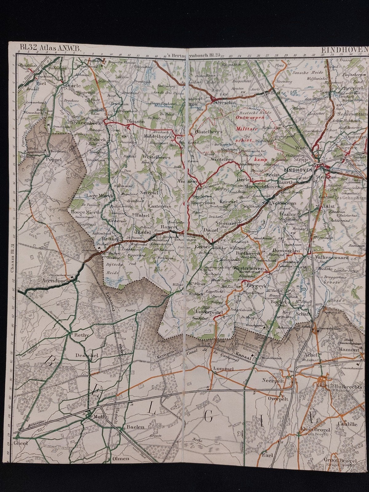 32 / Eindhoven e.o. plattegrond uit Atlas ANWB uit 1920, Gelezen, ANWB, Ophalen of Verzenden, Landkaart