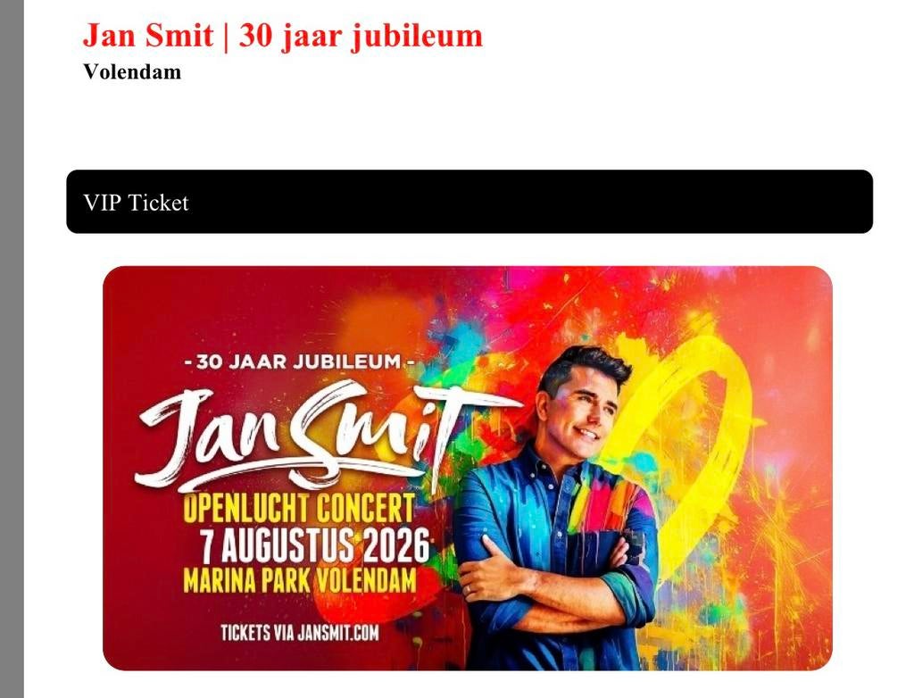 2x VIP Kaart voor 30-jarig jubileum concert Jan Smit, Tickets en Kaartjes, Twee personen, Overige soorten