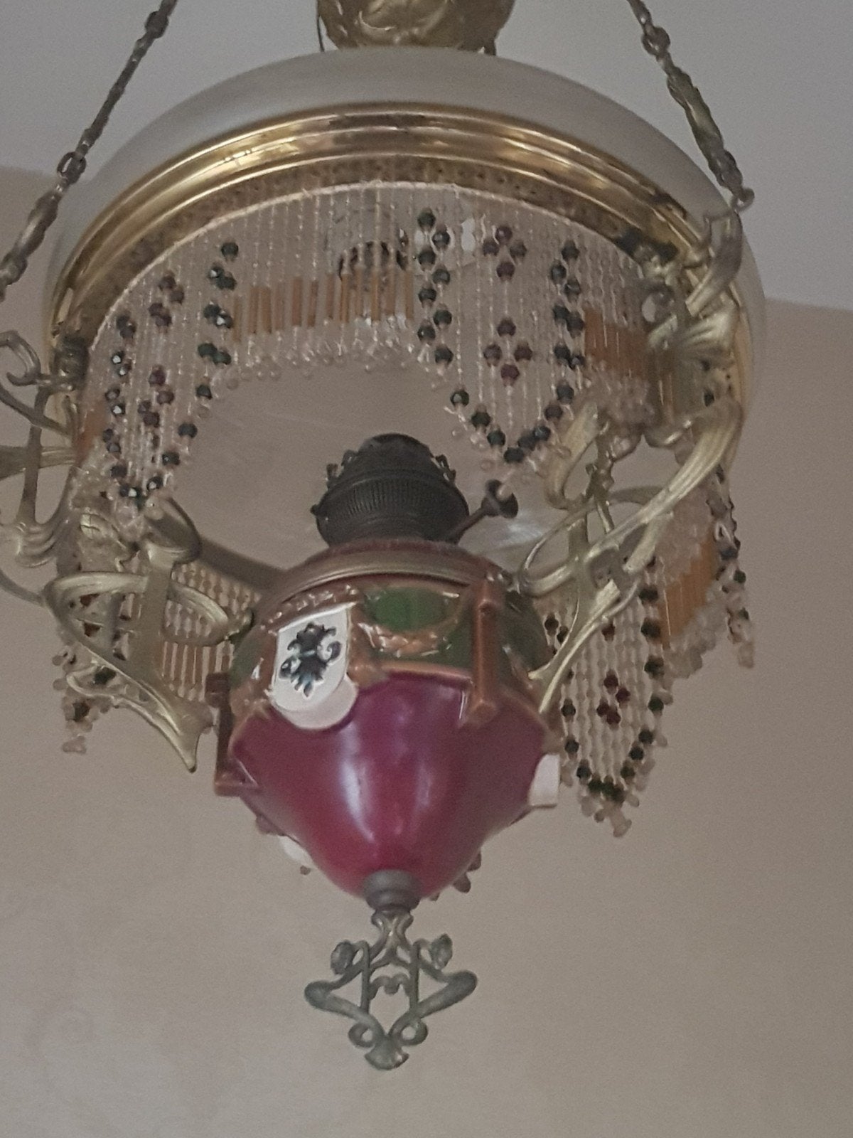 Antieke olielamp / hanglamp met glazen kralen, Ophalen of Verzenden