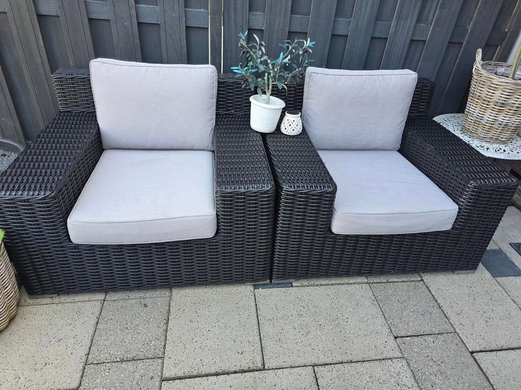 Tuinset grote bank 2 x lounge stoel en poef zwart /grijs, Ophalen, Kunststof, Bank