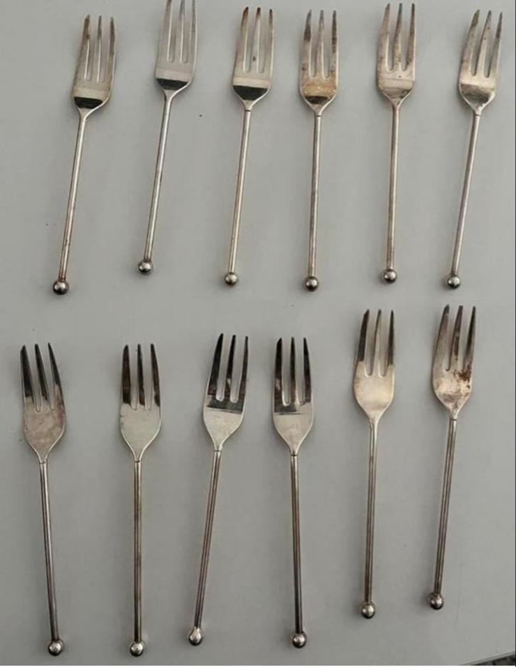 12 Verzilverde Gebaksvorkjes - Vintage Bestek Set, Antiek en Kunst, Ophalen of Verzenden