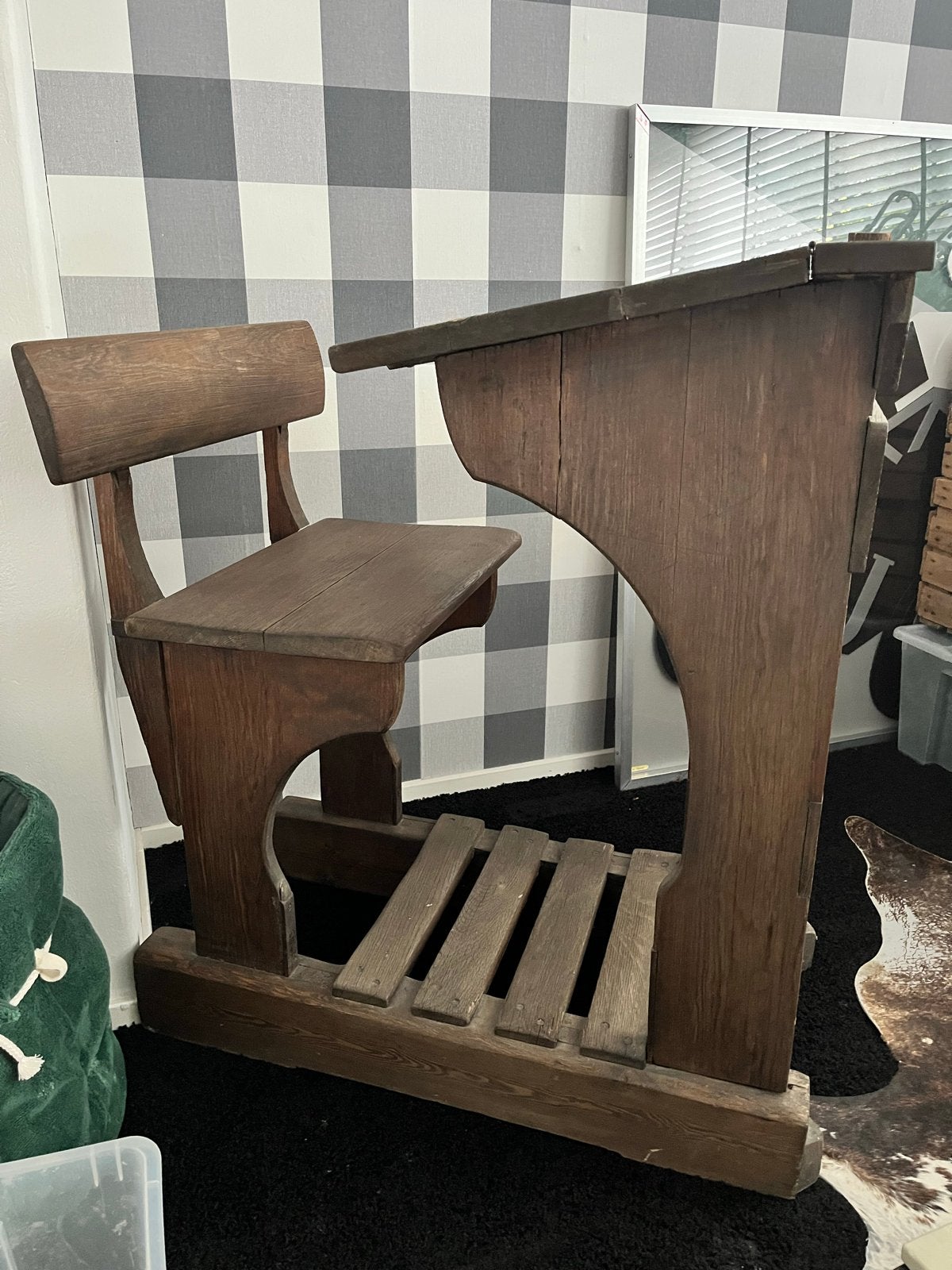 Antiek houten schoolbankje met stoel, Ophalen