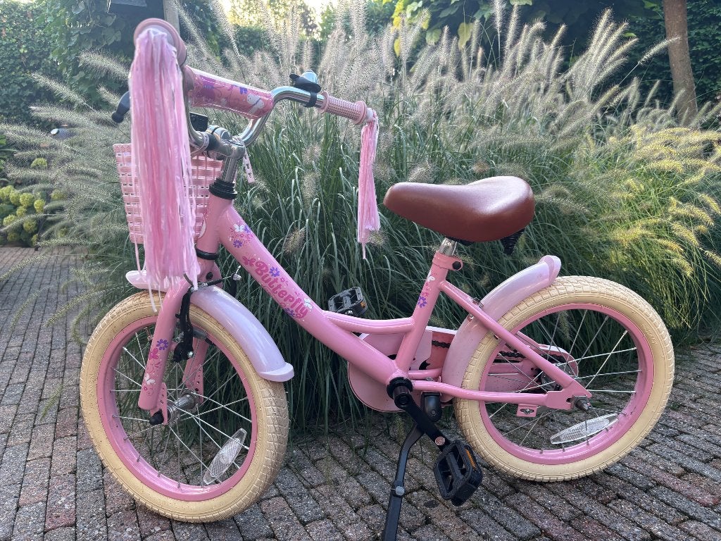 Nette meisjesfiets Butterfly 16 inch met zijwieltjes, Fietsen en Brommers, Ophalen, Terugtraprem, 16 inch, Handrem