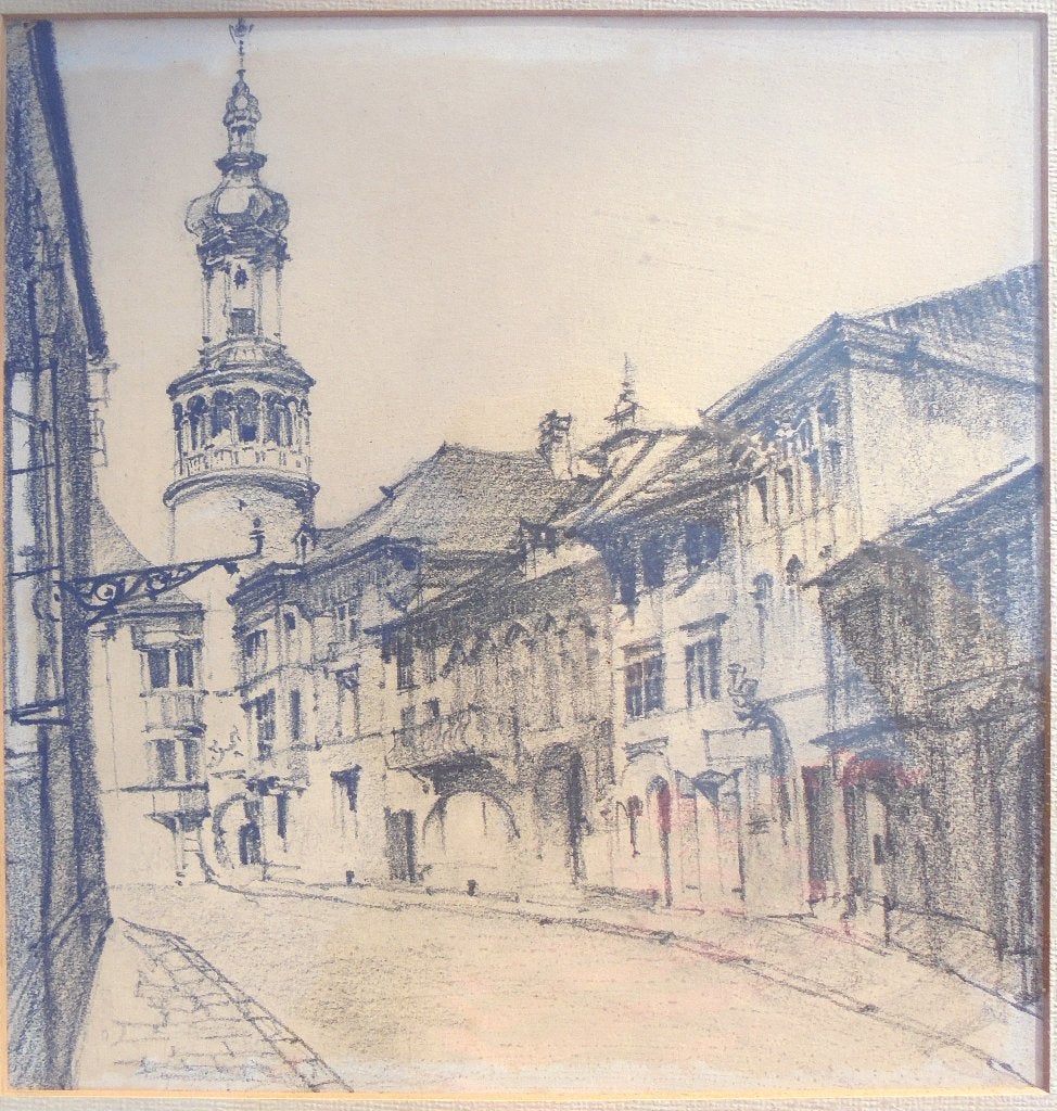 Houtskooltekening stadsgezicht met Toren, ingelijst ca 1940, Antiek en Kunst, Ophalen of Verzenden, Tekening, Houtskooltekening