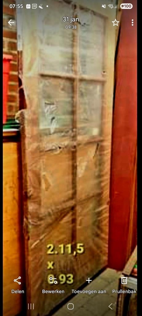 Houten Binnendeur - 211,5 x 93 cm, Doe-het-zelf en Verbouw, Ophalen, Binnendeur, Nieuw, Glas