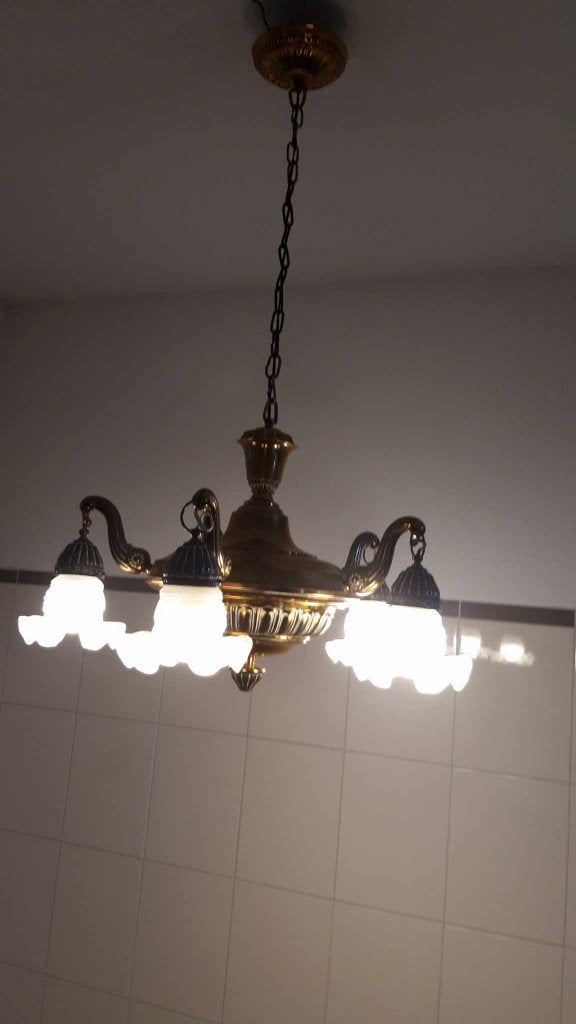 Antieke 5-Arms kroonluchter met gesatineerde kapjes !, Antiek en Kunst, Antiek | Lampen, Ophalen