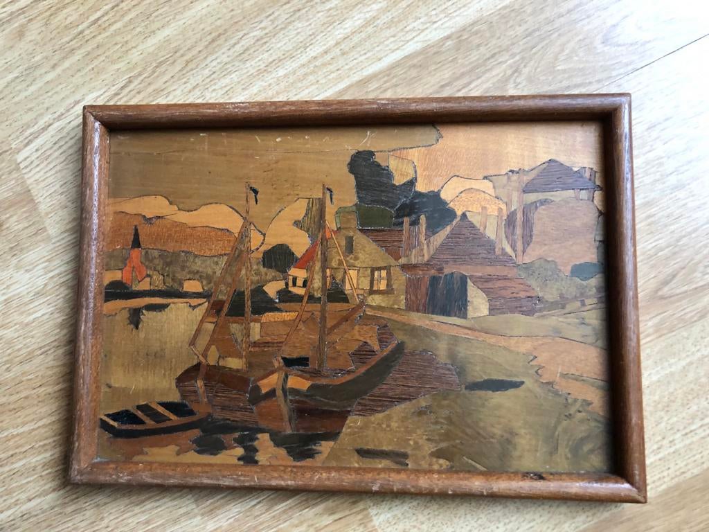 Vintage Marqueterie Schilderij: Havenzicht met Boten, Ophalen of Verzenden