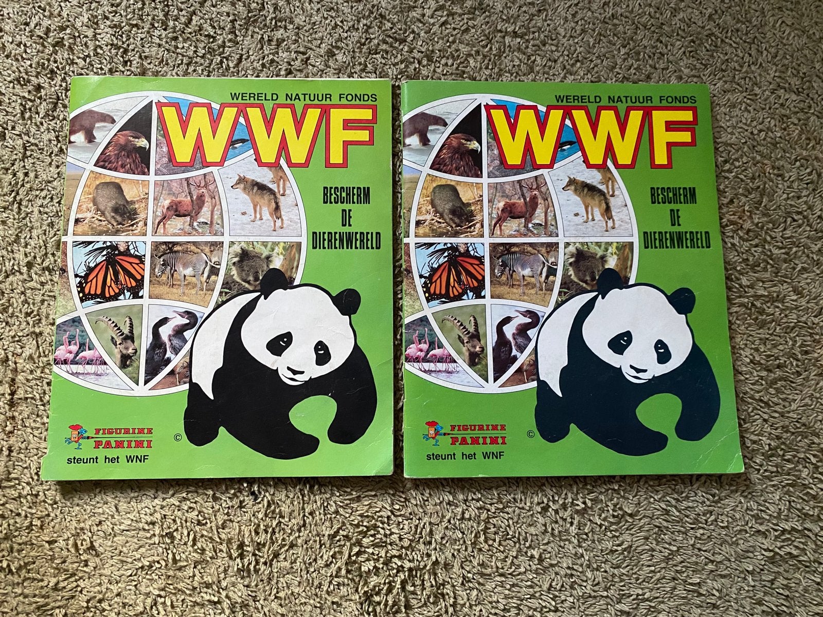 2x WWF Panini album Bescherm de dierenwereld. Compleet 1985, Ophalen of Verzenden, Gebruikt, Meerdere stickers