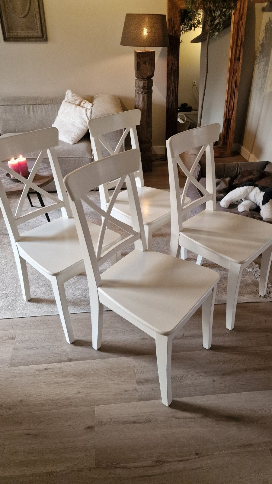 4 witte Ikea Rosentorp stoelen in goede staat, Ophalen, Gebruikt, Wit, Landelijk