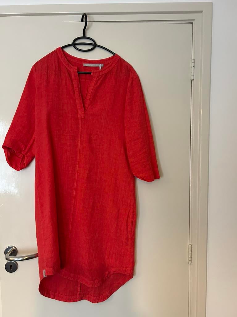 Zo goed als nieuw,koraalrood  linnen jurkje Maat S, Kleding | Dames, Ophalen, Zo goed als nieuw, Maat 36 (S), Rood