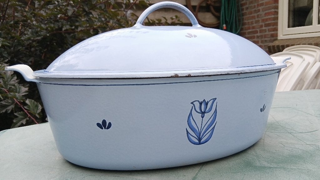 DRU nostalgie eigen bodem blauw ovale pan tulp 35 cm (G176), Gebruikt, Ophalen of Verzenden, Met deksel, Overige merken