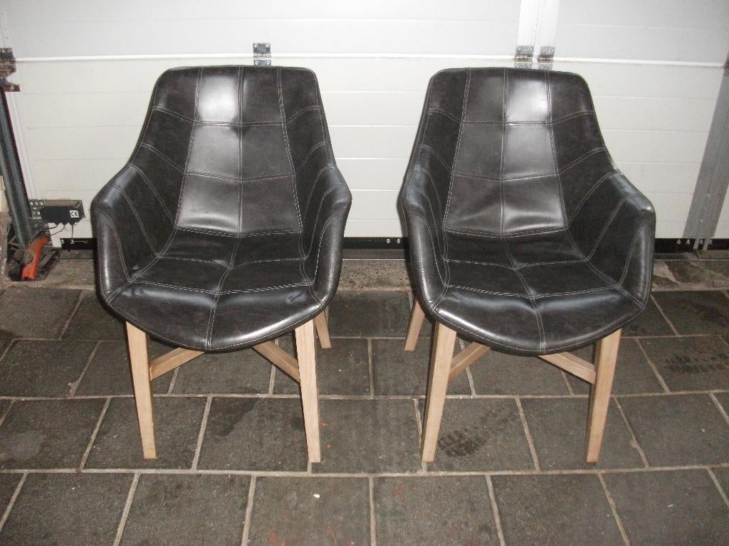 2 eetkamer stoelen leer met houten onderstel, Ophalen, Gebruikt, Twee, Bruin