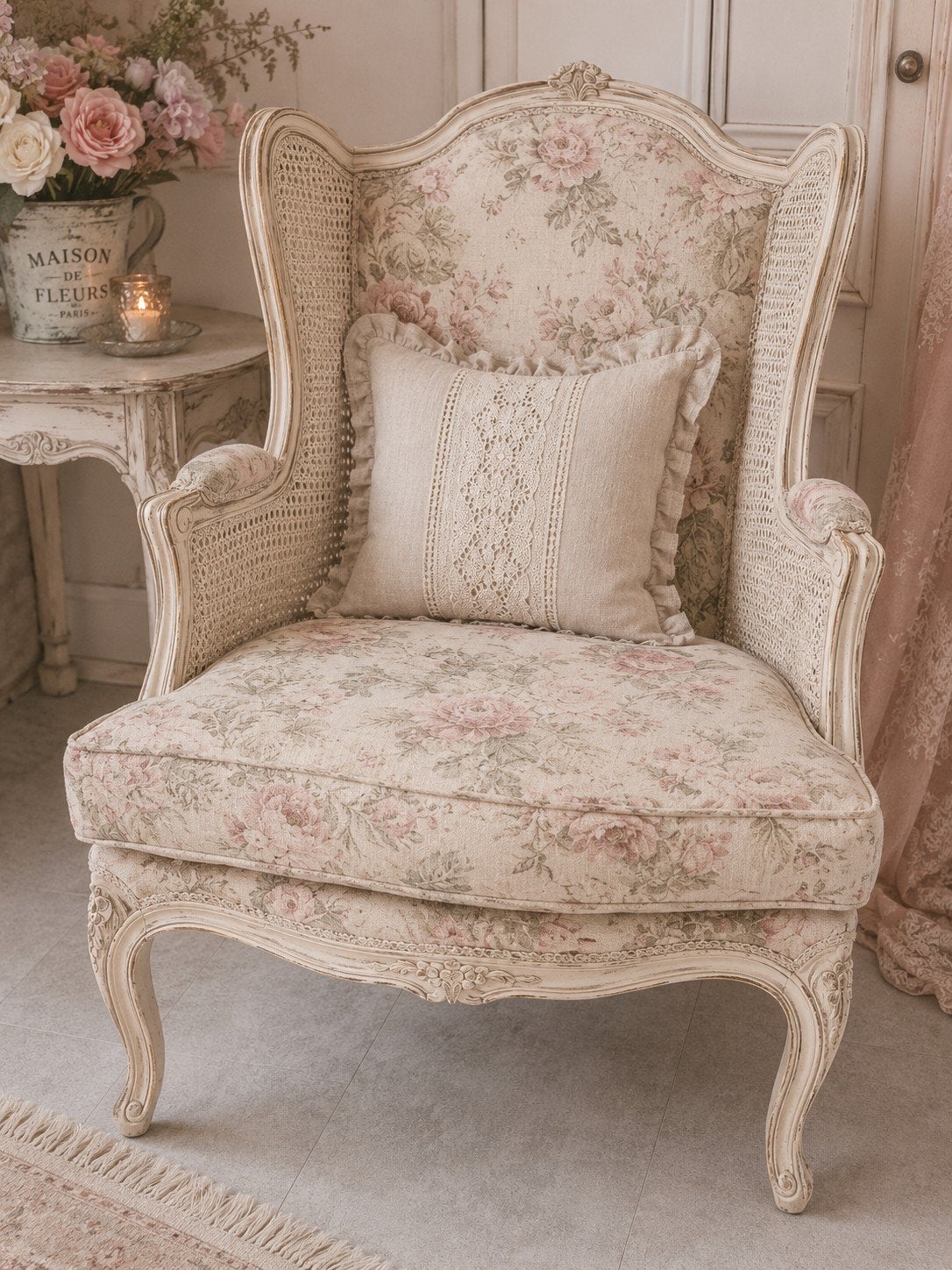 Vintage brocante fauteuil met rotan restyle project, Antiek en Kunst, Ophalen