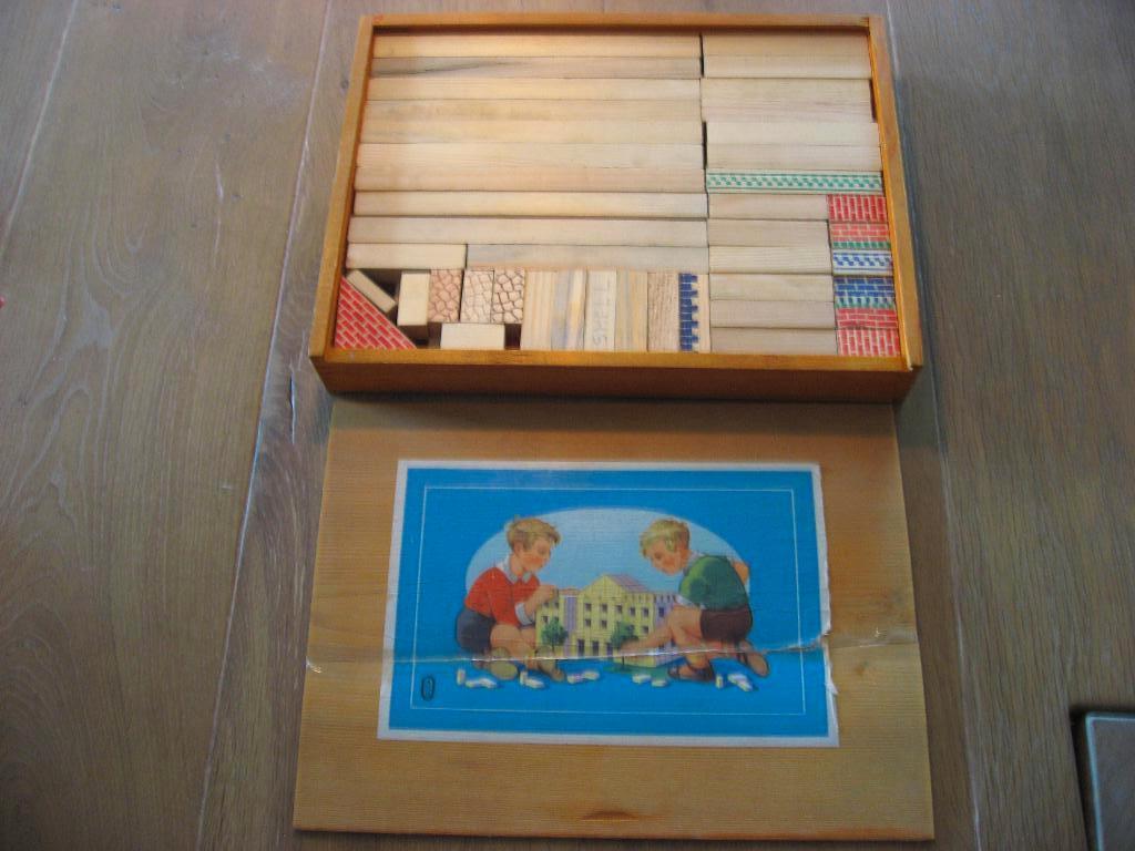 oude houten blokkendoos met blokken met steenmotief, Antiek en Kunst, Antiek | Speelgoed, Verzenden