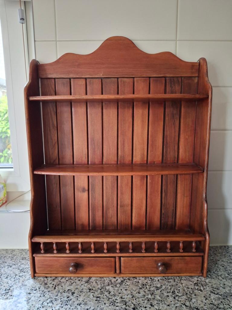 Vintage Three Tiered Wood Wall Shelf with drawers, Ophalen of Verzenden