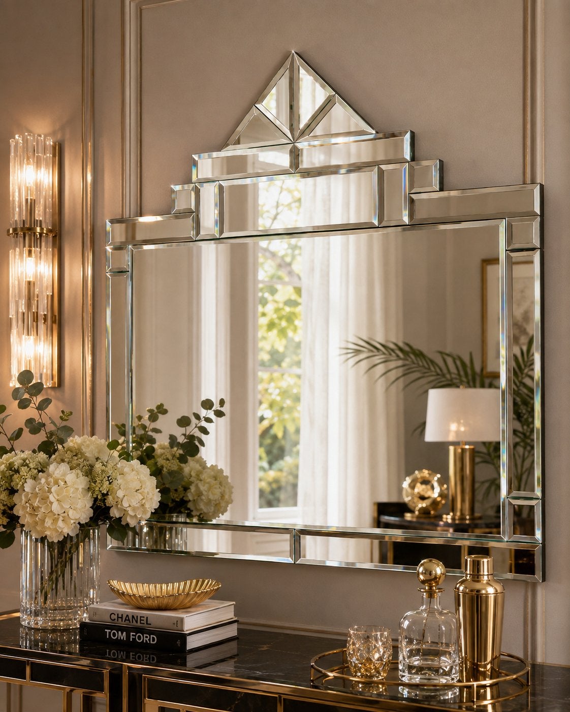 Exclusieve facetgeslepen spiegel Hollywood Regency /Art Deco, Antiek en Kunst, Antiek | Spiegels, Ophalen, Rechthoekig