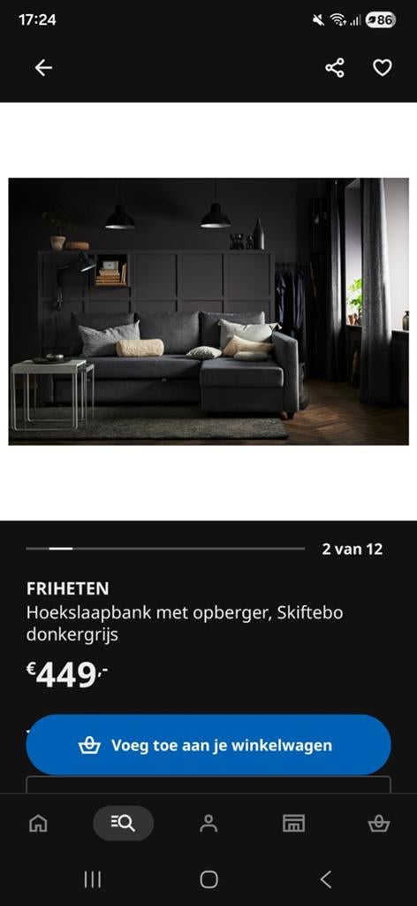 IKEA FRIHETEN Hoekbank met opberger, Skiftebo donkergrijs, Ophalen, Zo goed als nieuw, Tweepersoons, 140 cm