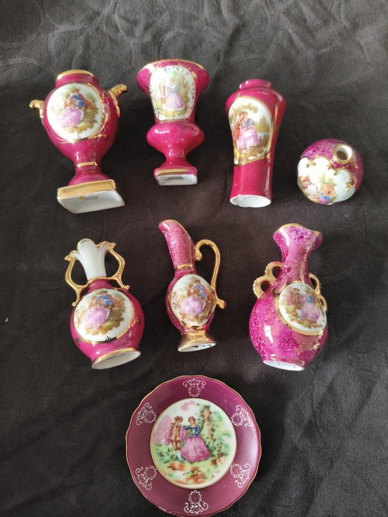 8 Limoges Frankrijk Miniatuur Vazen en Schotel, Ophalen of Verzenden