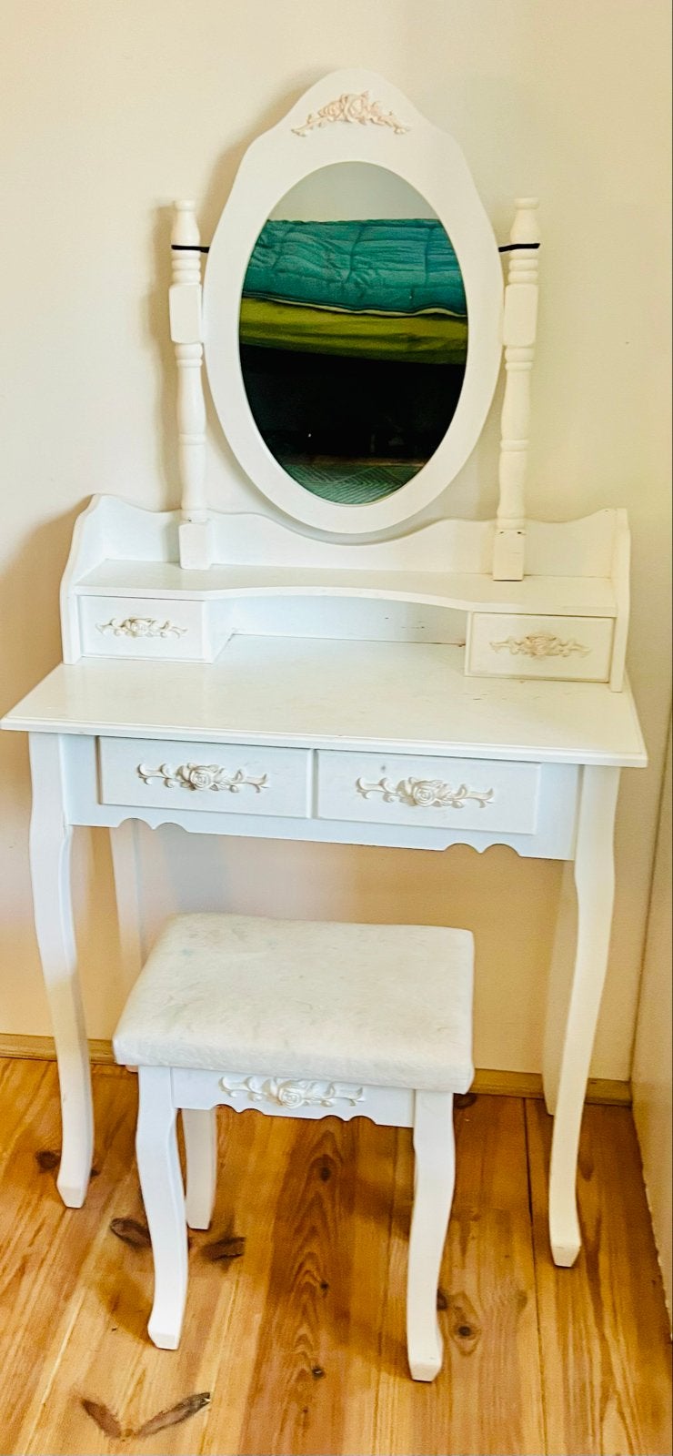 Witte kaptafel met spiegel en krukje, Ophalen, Gebruikt, 100 tot 150 cm, 50 tot 100 cm