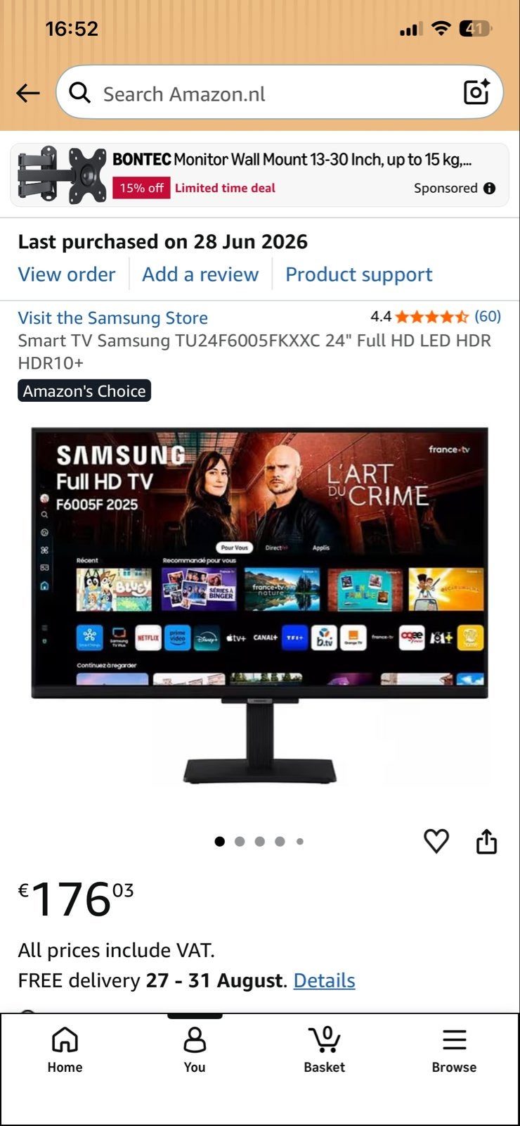 Samsung Smart TV 24 inch Full HD LED HDR10+, Ophalen, LED, 50 Hz, Zo goed als nieuw