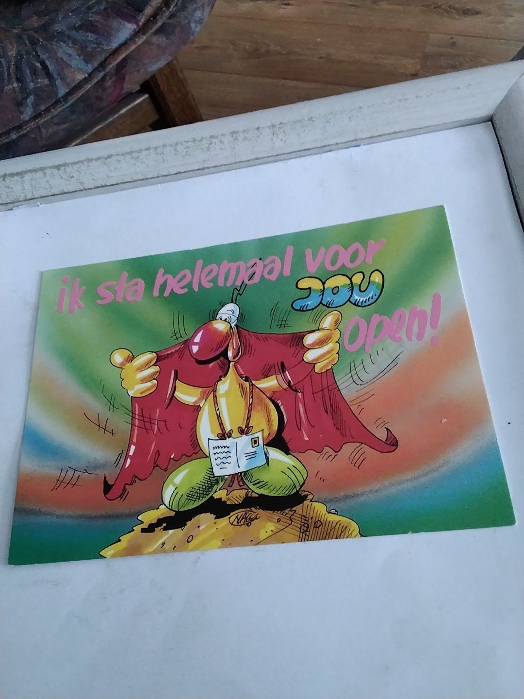 Grappige Ansichtkaart 'Ik sta helemaal voor jou open!', Ophalen of Verzenden, 1980 tot heden, Ongelopen