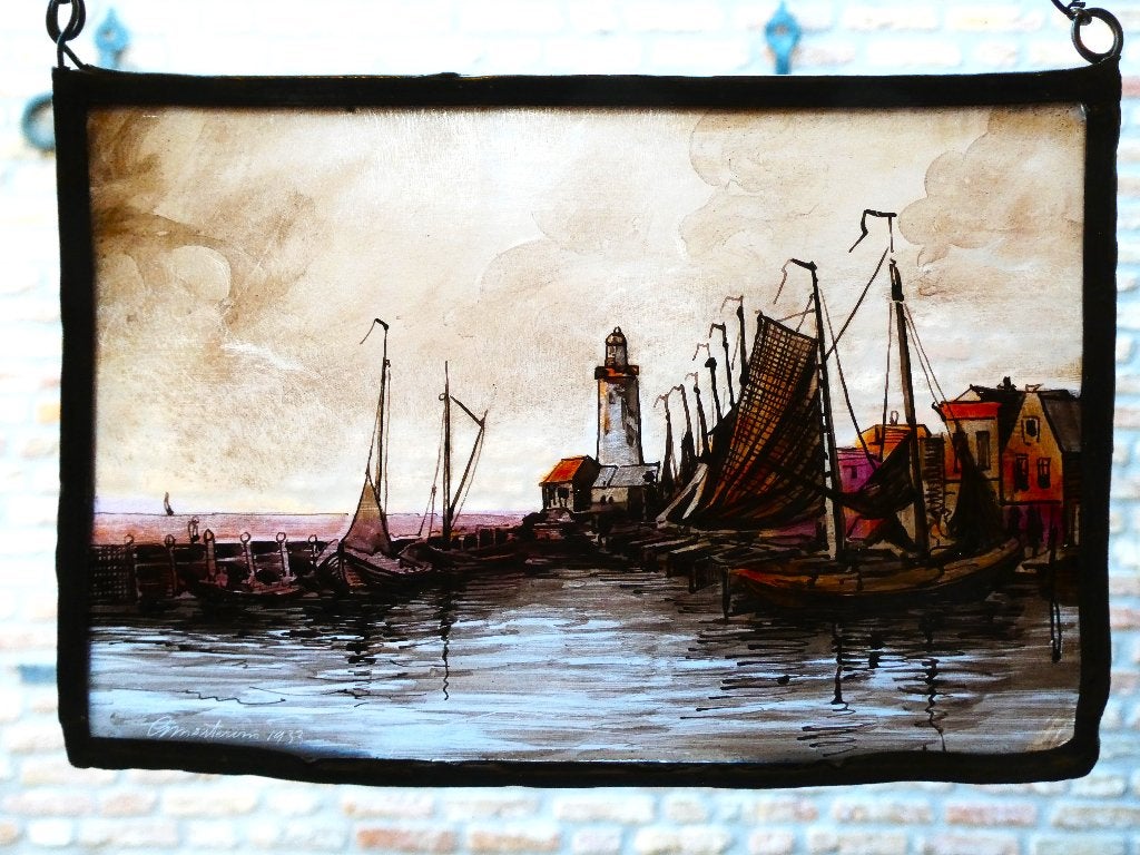 Glas in lood Gezicht op de haven Urk Gerard Mesterom, Antiek en Kunst, Ophalen of Verzenden