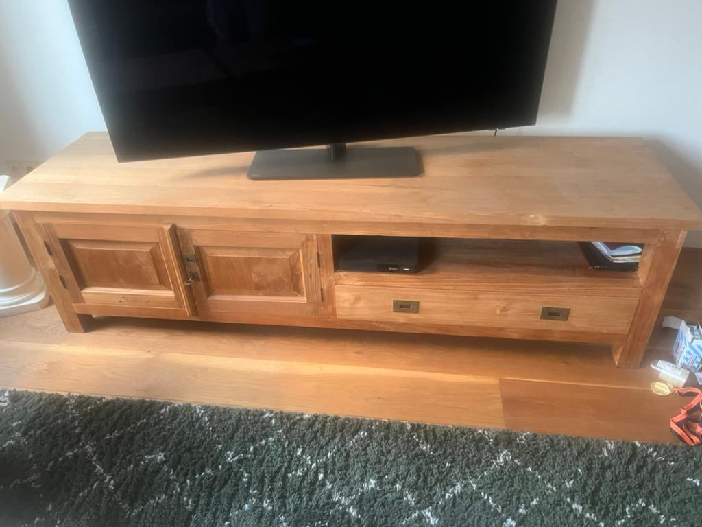 Grenen televisiemeubel met lade en deurtjes, Ophalen, Gebruikt, 150 tot 200 cm, Minder dan 100 cm