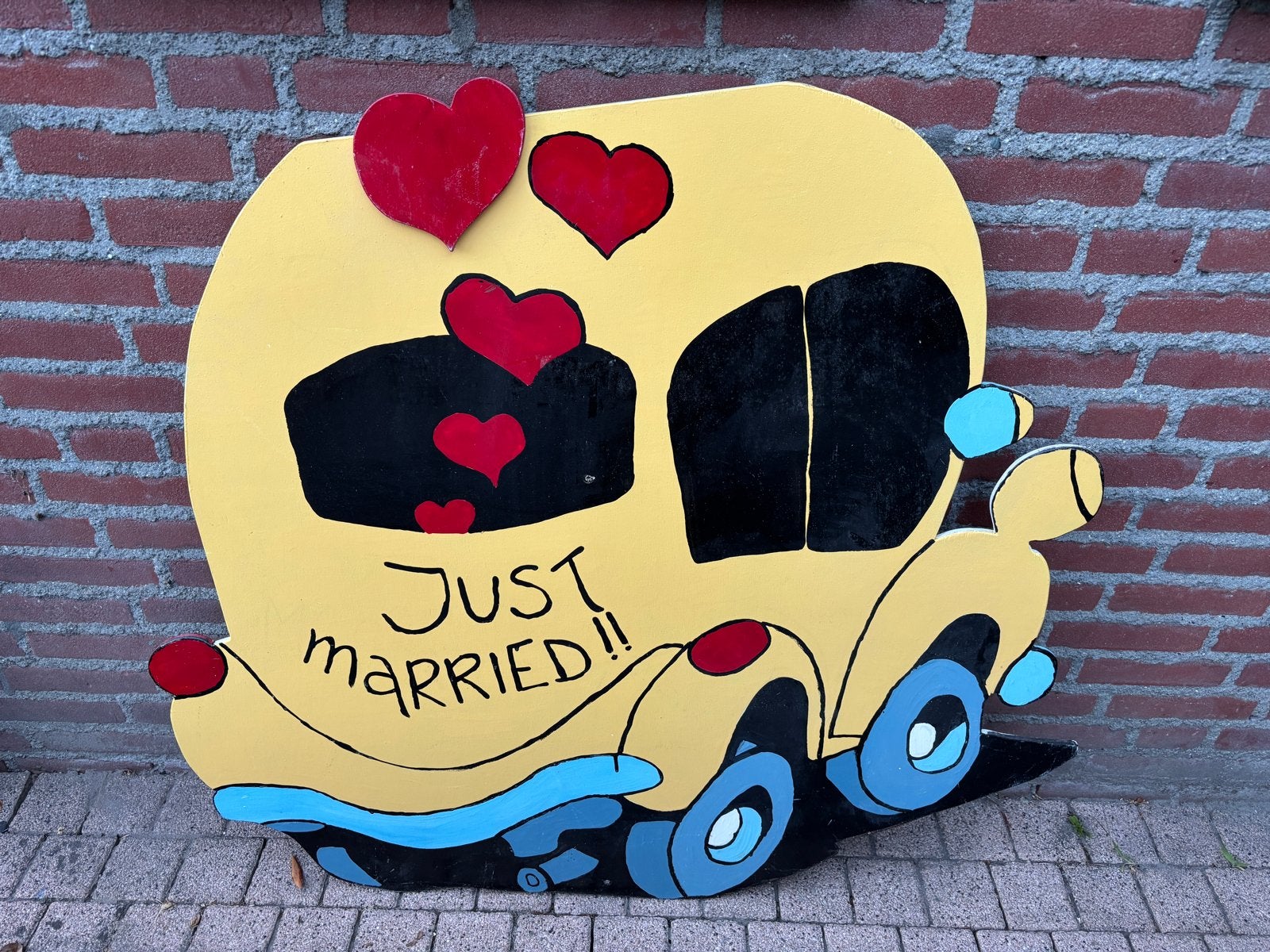 Just Married bord - Uniek en Handgemaakt, Hobby en Vrije tijd, Feestartikelen, Ophalen, Gebruikt, Versiering, Geboorte of Huwelijk
