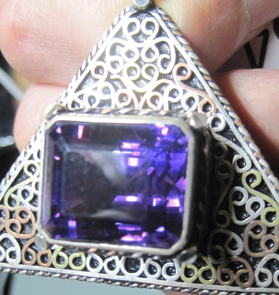 Art Deco design hanger amethist 45 karaat zeer zeldzaam, Ophalen, Zilver, Hanger, Met edelsteen