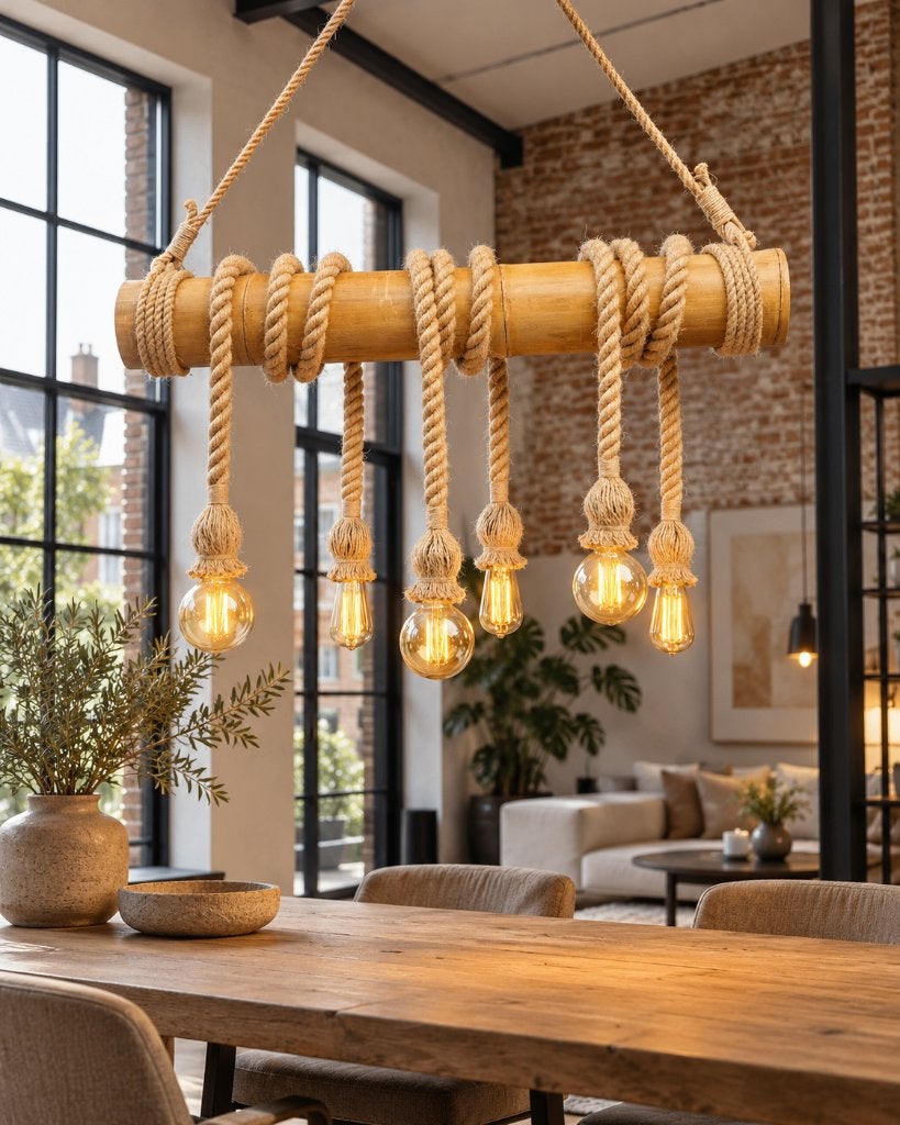 Handgemaakte Design Hanglamp van Natuurlijk Bamboe en Jute, Nieuw, Hout, Industrieel / Vintage / Loft, E27 (groot)