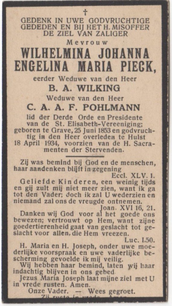 Wilhelmina J.E.M. Pieck 1853 Grave + 1934 Hulst, 80 jaar, Verzenden