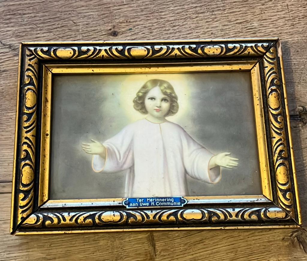 Religieuze afbeelding - prent H. Communie in sierlijst, Ophalen of Verzenden
