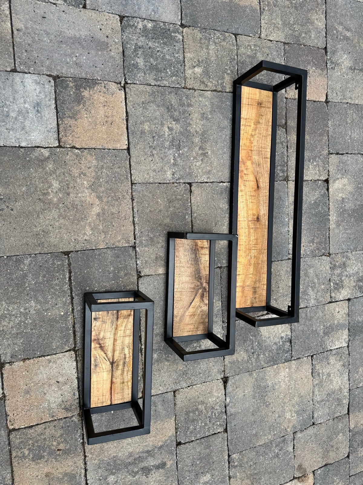 Set van 3 industriële wandplanken van staal en hout, Ophalen, Zo goed als nieuw