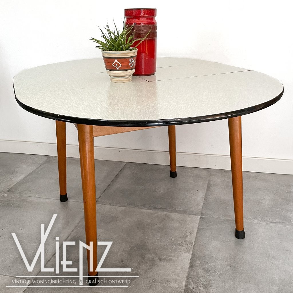 Vintage, midcentury ronde, ovale uittrek tafel, formica blad, Huis en Inrichting, Ophalen, Gebruikt, -, -