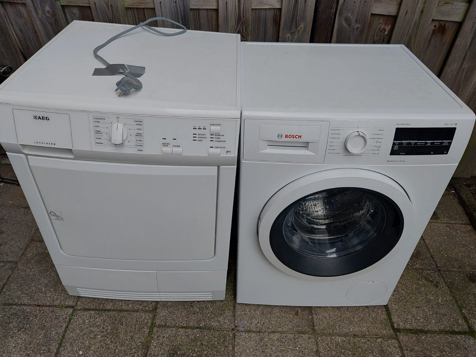 Bosch wasmachine en Aeg droger, 6 tot 8 kg, Ophalen of Verzenden, Zo goed als nieuw, 85 tot 90 cm