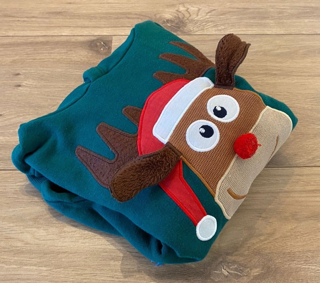 Kinder kersttrui groen met rendier en capuchon 128 C&A, Gebruikt, C&A, Trui of Vest, Ophalen of Verzenden