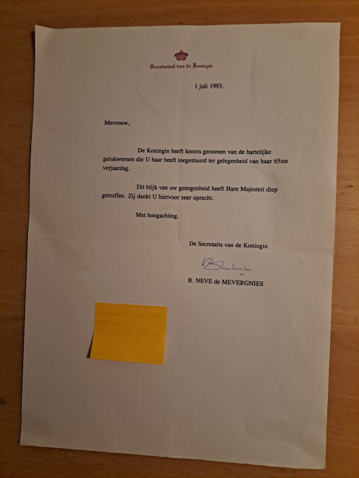 Bedankbrief van het Koningin Paola van Belgie(1993), Ophalen of Verzenden, Gebruikt, Buitenland, Kaart, Foto of Prent