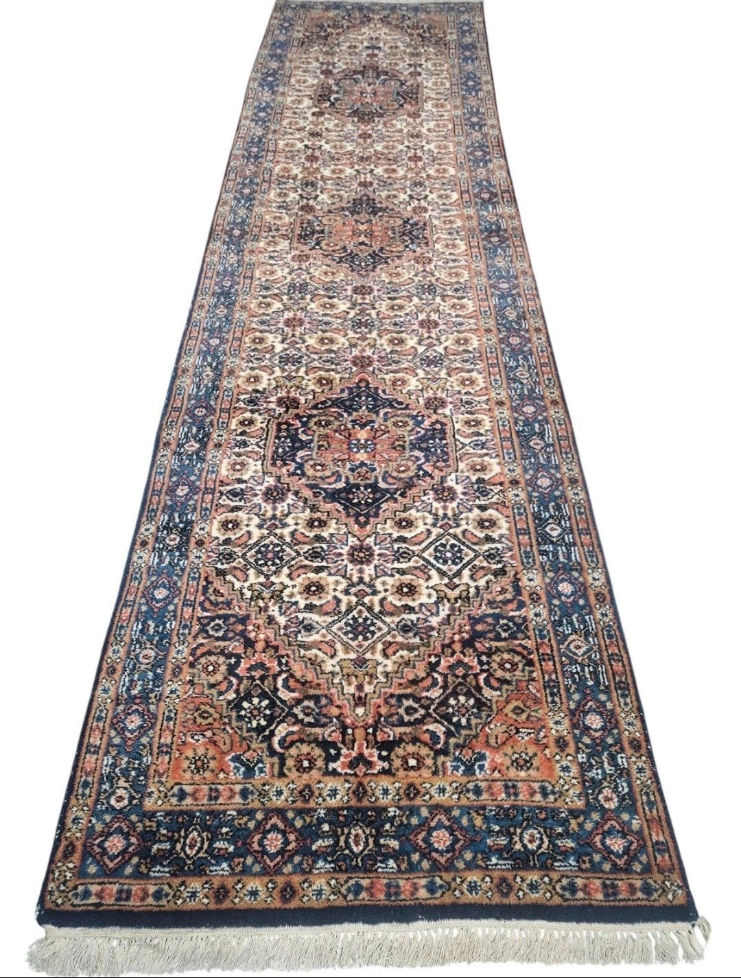 Handmade Persian wool Moud carpet runner blue India 81x310cm, Crème, Gebruikt, ., 200 cm of meer