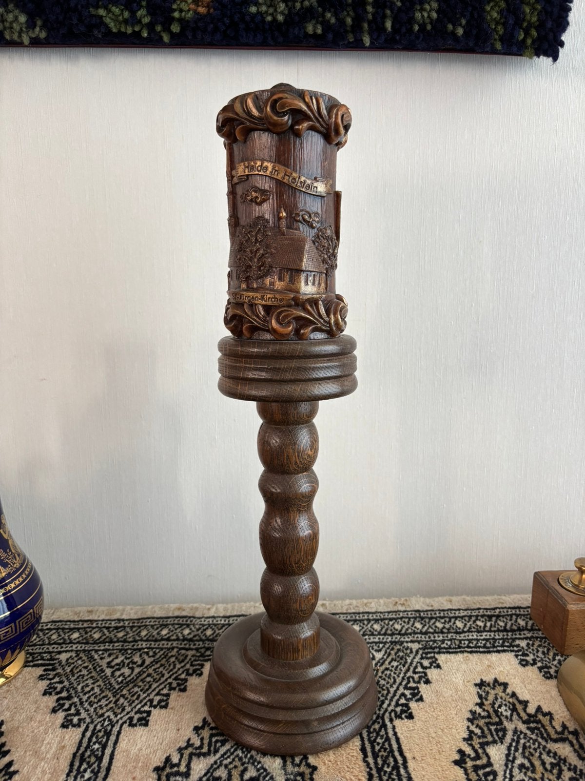 Vintage houten kandelaar met kaars, Ophalen of Verzenden, Zo goed als nieuw