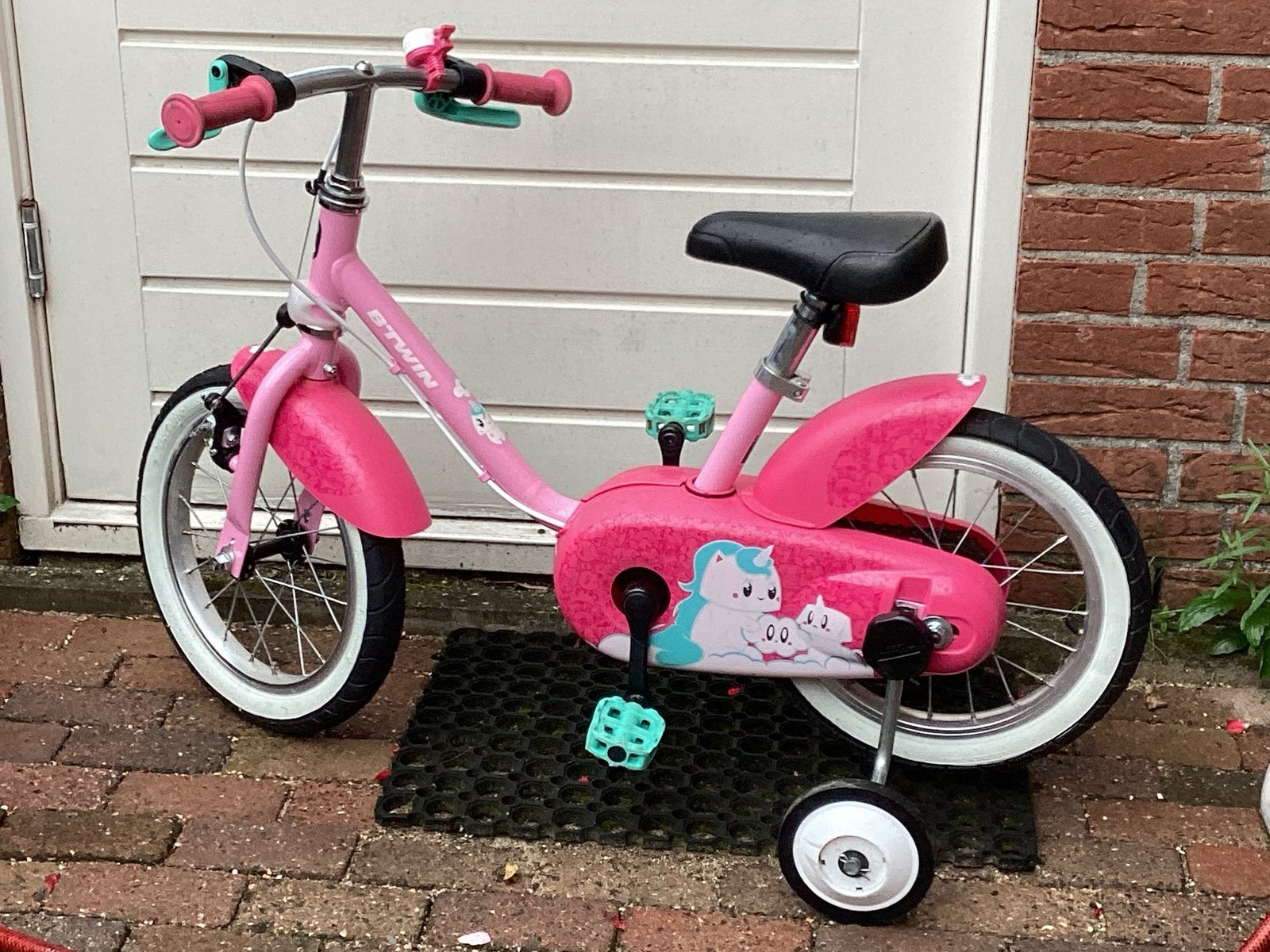 B'Twin meisjesfiets 14 inch, zo goed als nieuw Roze Unicorn, Ophalen, Terugtraprem, 14 inch of minder, Handrem