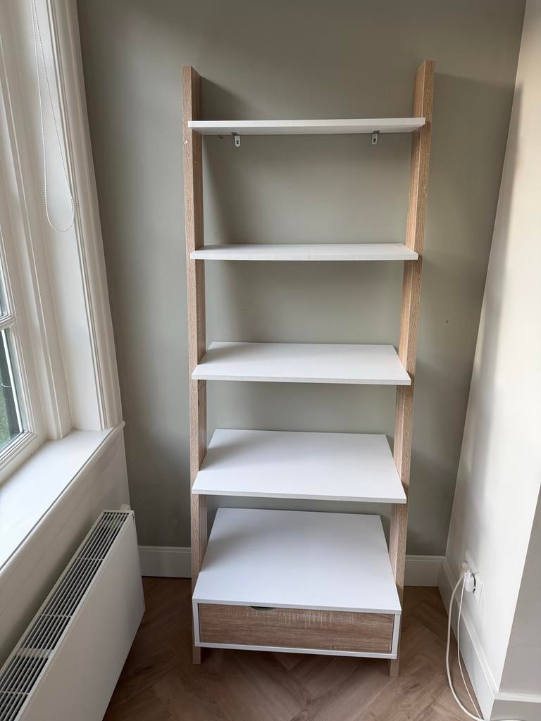 Wandrek met lade - wit en houtkleurig, Ophalen, Gebruikt, Minder dan 150 cm, Met lade(s)