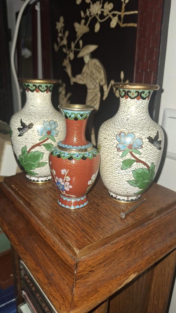 Cloisonne vaasjes Chinees Japanse stijl 3 x, Ophalen