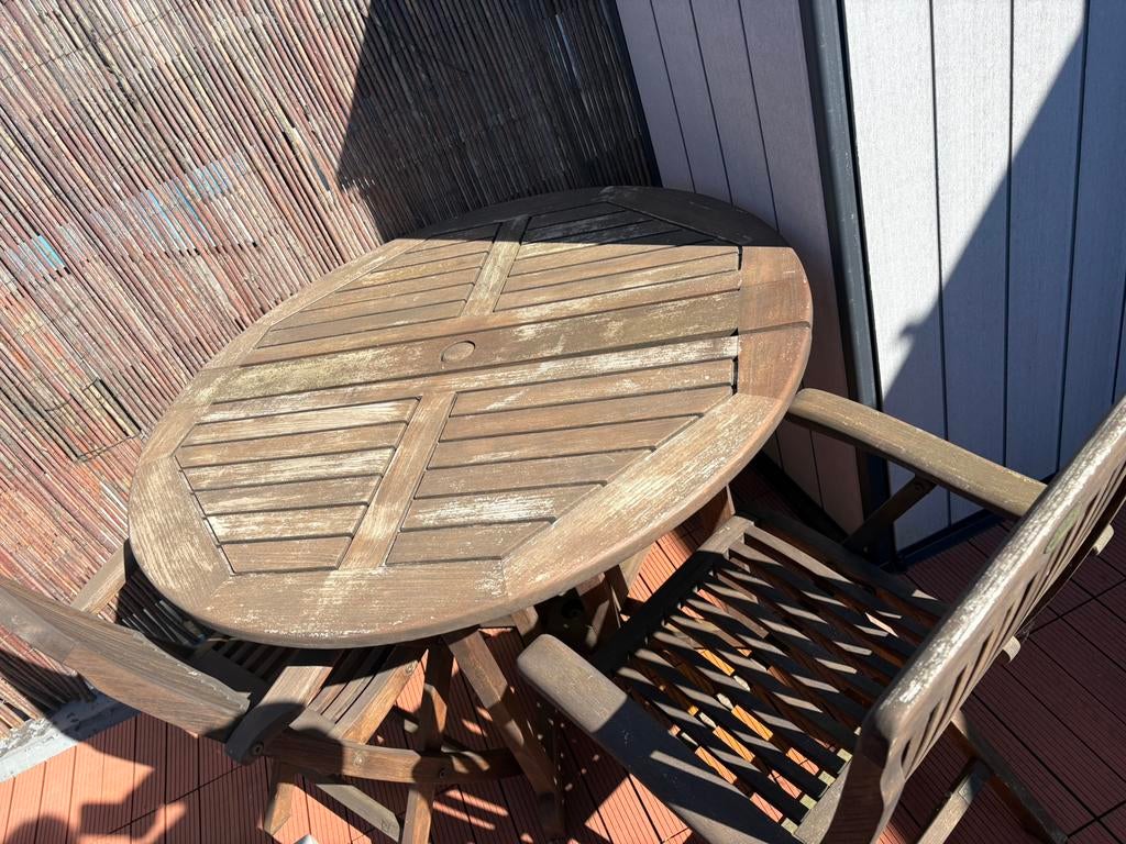 Teak houten ronde tafel en 4 stoelen, Tuin en Terras, Ophalen, Zo goed als nieuw, Teakhout