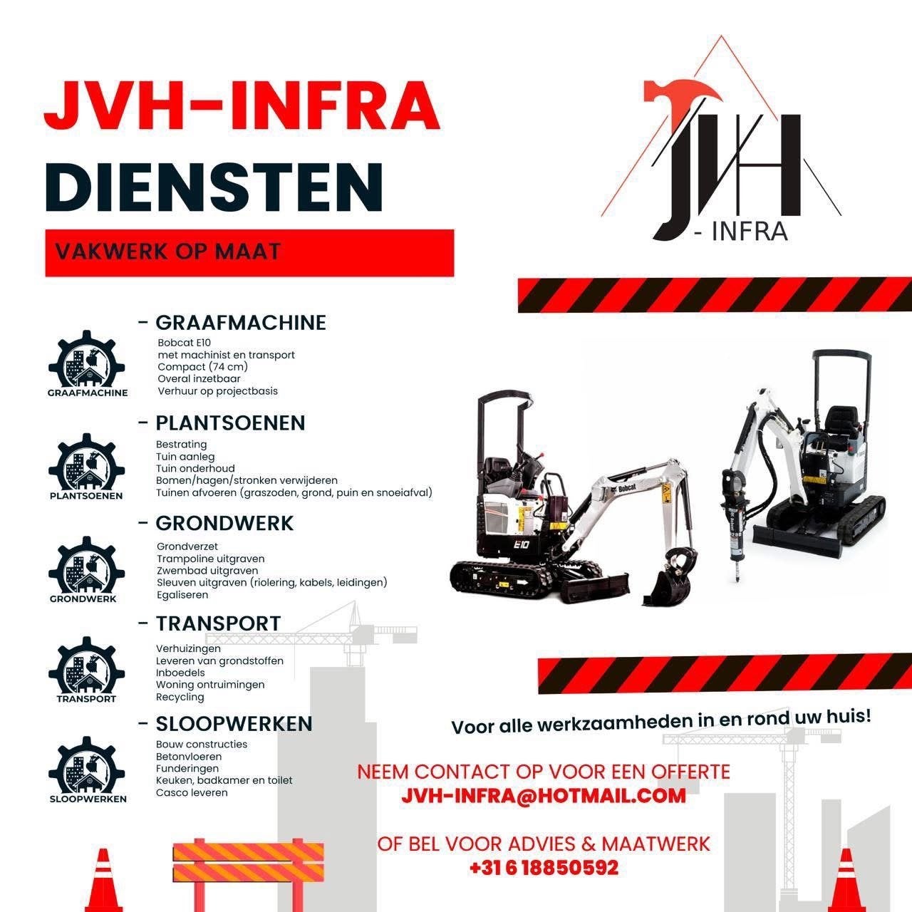Mini graver/stratenmaker/tuinonderhoud/sloopwerk/transport, 24-uursservice